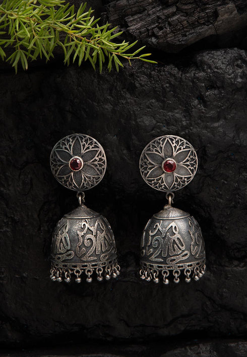 Red Stone Studded Oxidised Jhumka Style Earrings 25g
